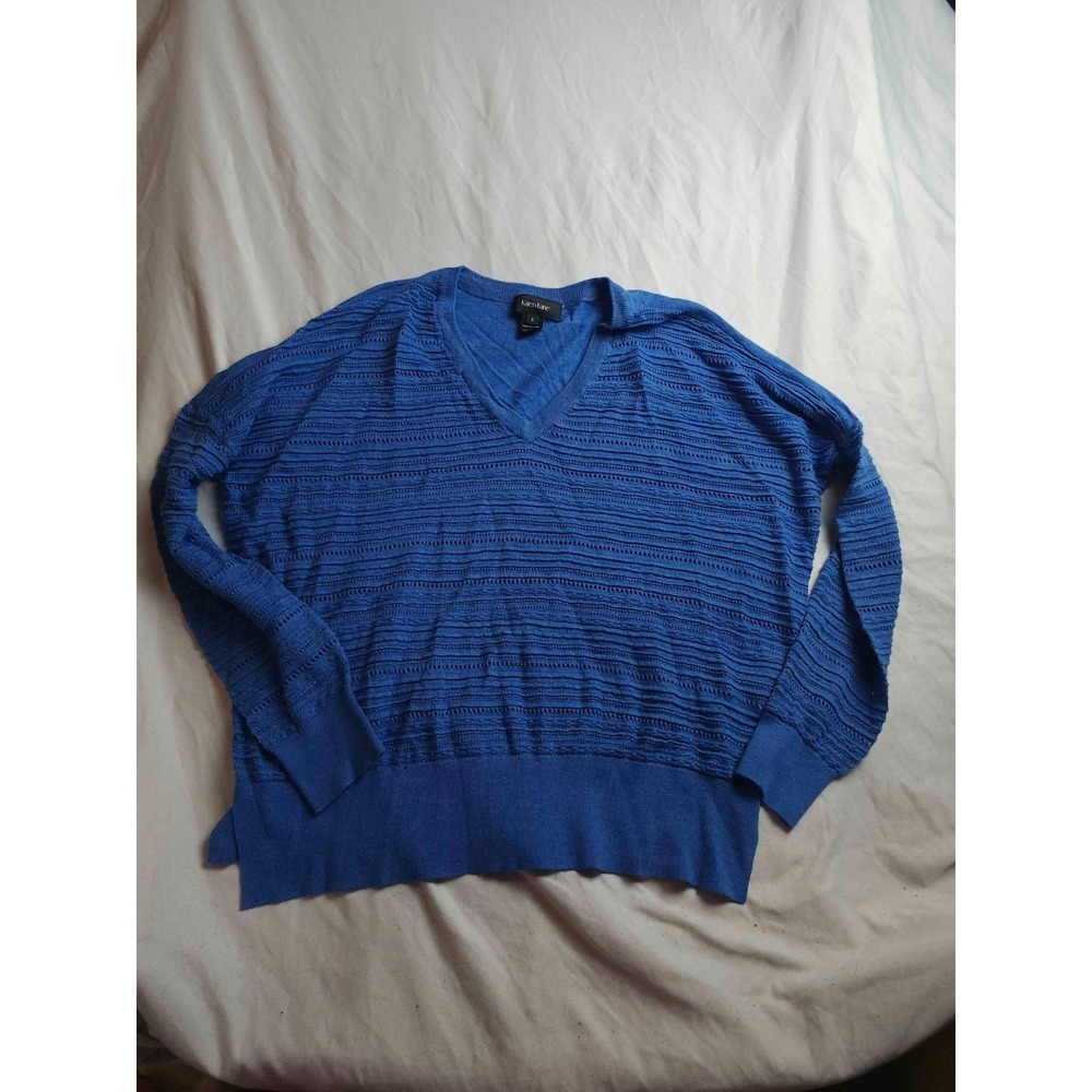 Karen Kane Sweater Womens Small Blue Pointelle Knit Pullover Long Sleeve V-Neck